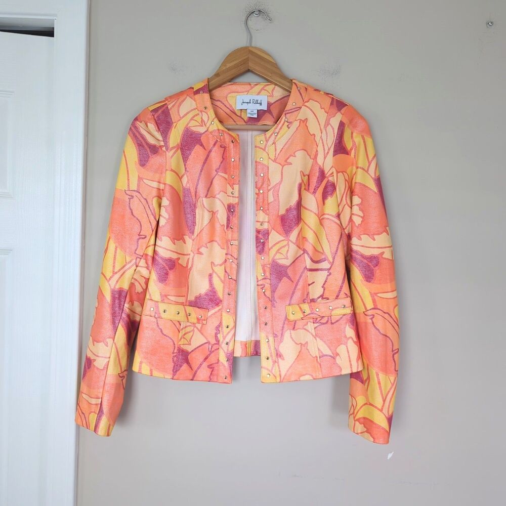Joseph Ribkoff Bright Orange Floral Studded Open Blazer Jacket Small Statement